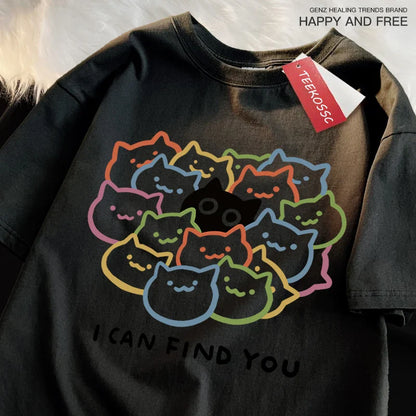 I Can Find You Fun Cat Print Tshirt Men Women Fashion Oversize T-Shirt Summer 100% Cotton Tee Clothing Loose Fashion Casual Tops
