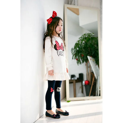 Kids Clothing Set Spring Autumn Cartoon Bow Knot Long Sleeve Cotton Shirt+Leggings 2Pcs Suit For 3-8 Years Girls Casual Outfit
