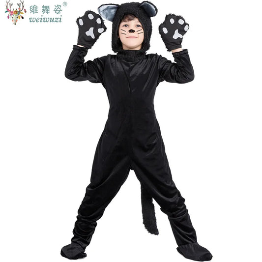 Children's Day Black Cat Cosplay Kids Costume Cute Kitten Animal Onesie Gloves Hat Suit Suitable for Stage Show Halloween Party