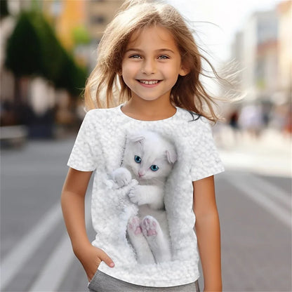 Cute cat 3D printed fun children's clothing baby girl T-shirt summer casual short sleeved cool girl T-shirt lightweight breathab