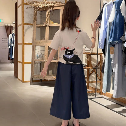 Girls Clothing Set Cartoon Cat Print T-shirt+Straight Through Pants 2Pcs Suit For 2-8 Years Kids Casual Outfit 2025 Summer New