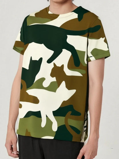Men's Camo Cat Art Print T-Shirt Fashion Streetwear Short Sleeve Tees Summer 2025 Harajuku Oversized Crew Neck Tops Tunics