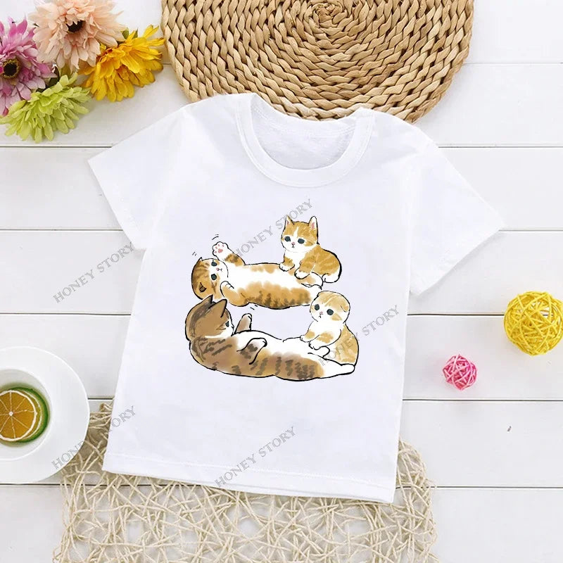 Cats Kids T Shirt Personalized Cartoon Cat Print Fashion Children's T-shirt Short Sleeve Children's Summer Boys Clothes Tops Tee