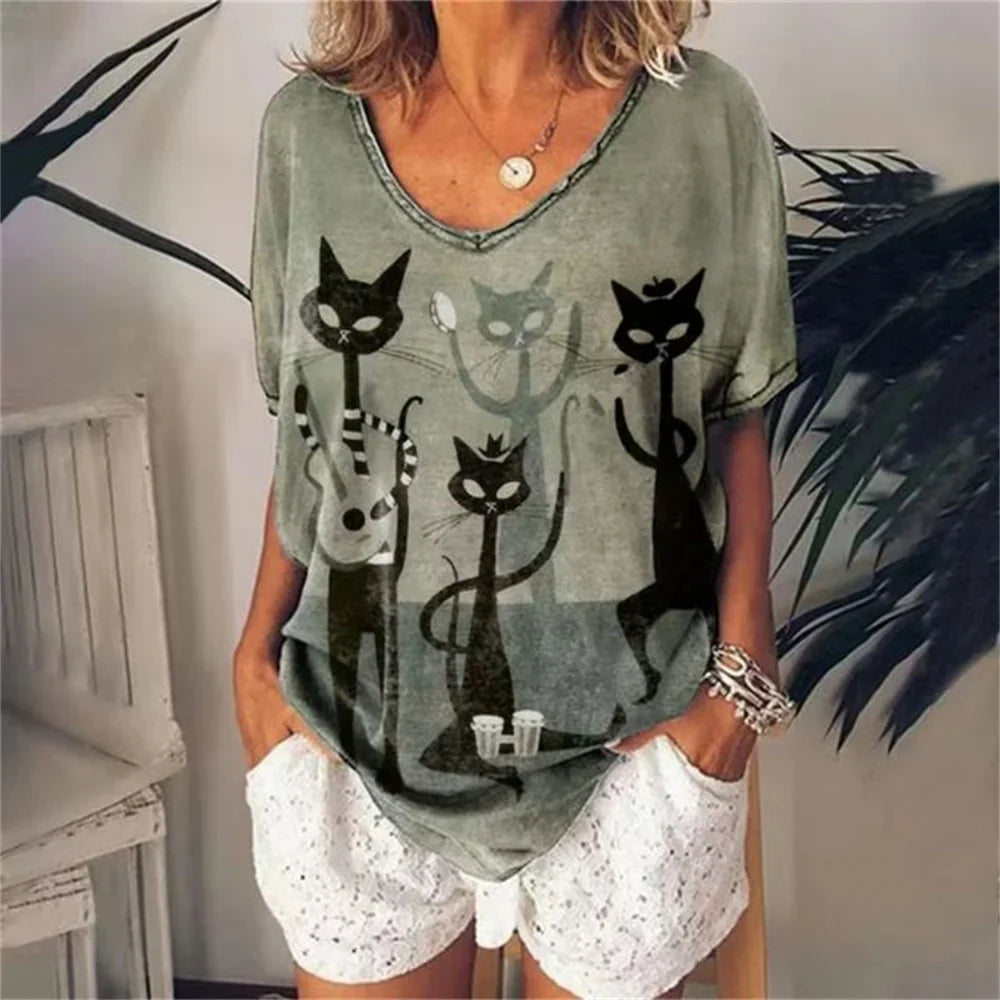 Cartoon Anime Cat Women's T-Shirts Fashion Top Tee 3d T-Shirt Harajuku Casual Short Sleeve V-Neck Oversized Female Clothing