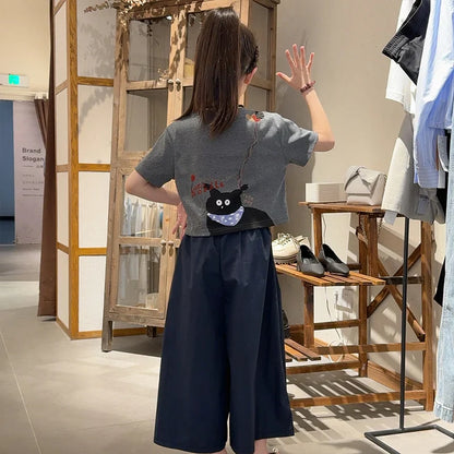 Girls Clothing Set Cartoon Cat Print T-shirt+Straight Through Pants 2Pcs Suit For 2-8 Years Kids Casual Outfit 2025 Summer New