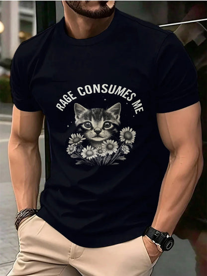 Men's T-Shirt Black Cat with Flowers and Rage Consumes Me Print High Quality Cotton 180g